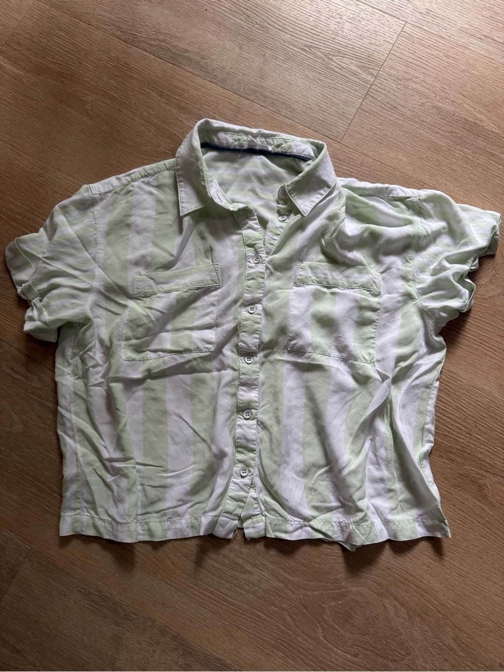 Jane and Delancey Green and White Striped Cropped Button-Up